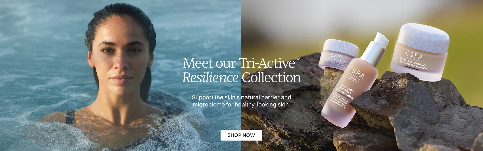 Meet our Tri-Active Resilience Collection pro-active and preventative for your future with ESPA serum moisturiser eye cream spa support the skins natural barrier and microbiome for healthy looking skin